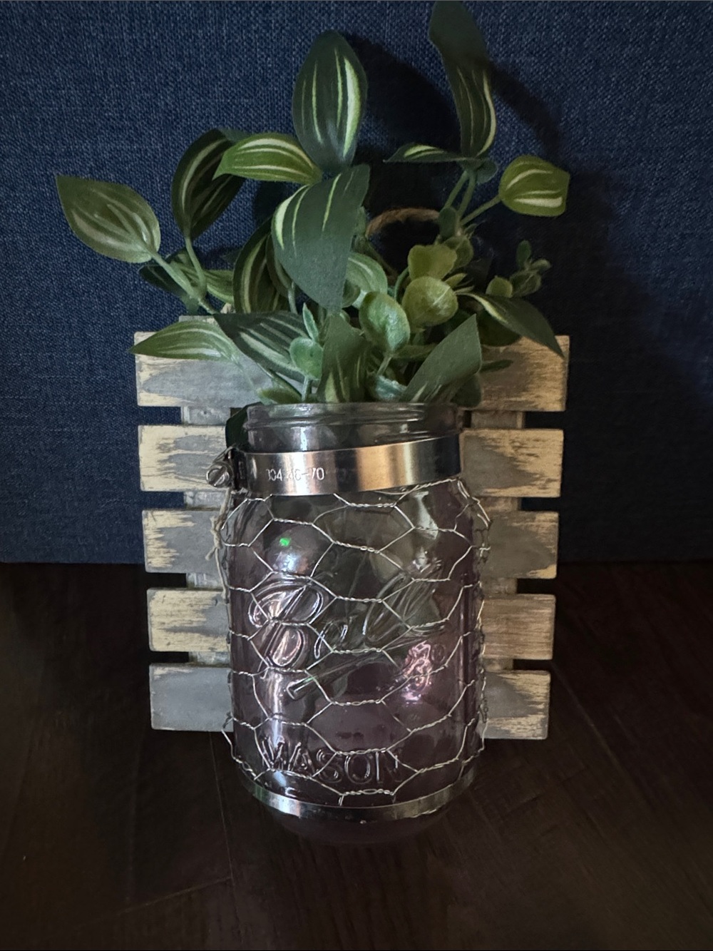 Green Faux Plant in Purple Glass Mason Jar wall accent
